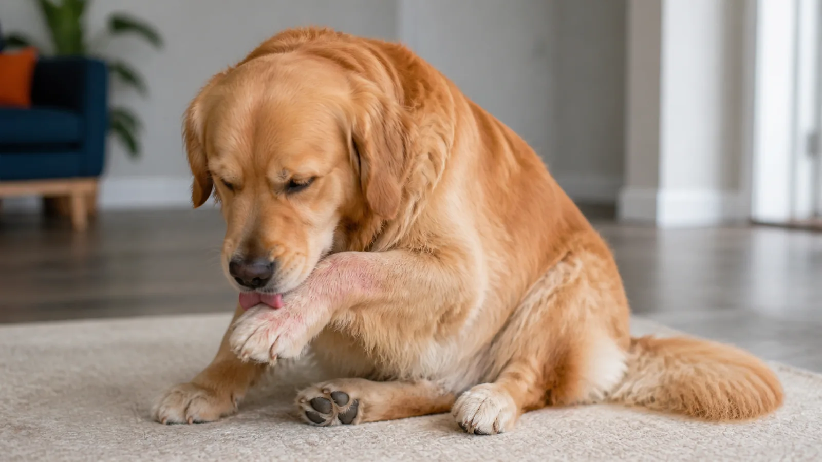 Golden Retriever sitting indoors, gently licking it's paw, showing subtle signs of an allergic reaction.